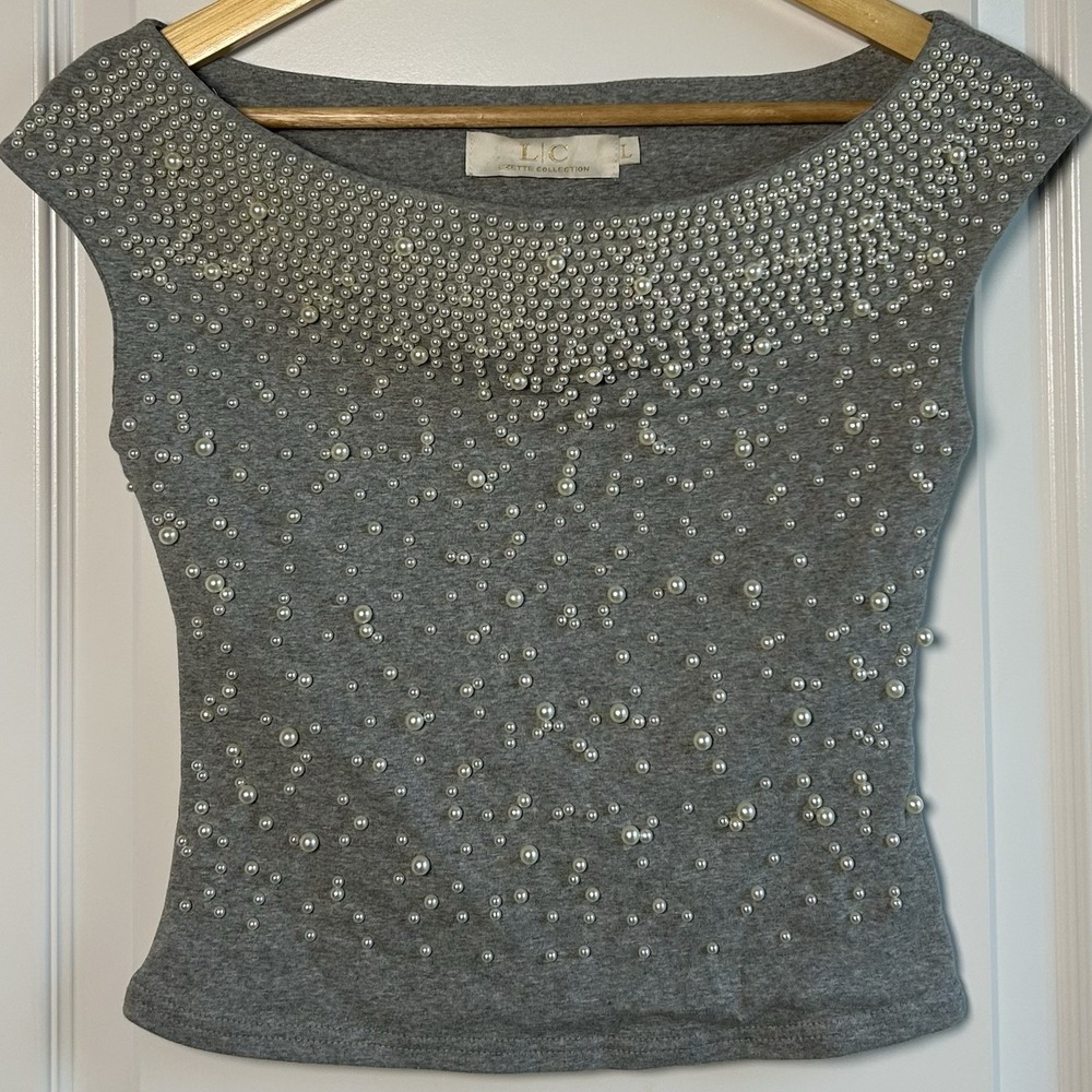 Lizette Collection‎ Gray Pearl Embellished Fitted Top Coquette Regencycore Style